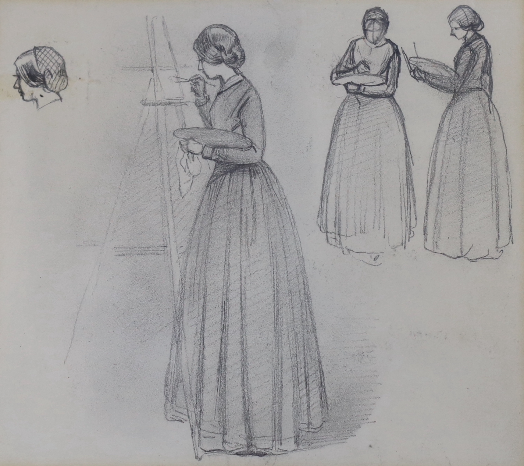 Frederick Wilhelm Keyl (1823-1871 - ‘’Three women standing drawing’’, a pencil sketch, 14 x 16cm and Frank Holl RA (1845-1888) - ‘’The Flower of Dunblane’’, coloured print, framed to the oval. (2)